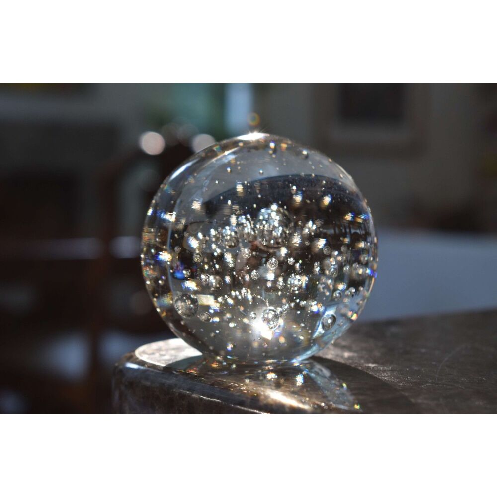 Hand Blown Art Glass Paperweight Clear Controlled Bubbles Sphere Dome Unsigned